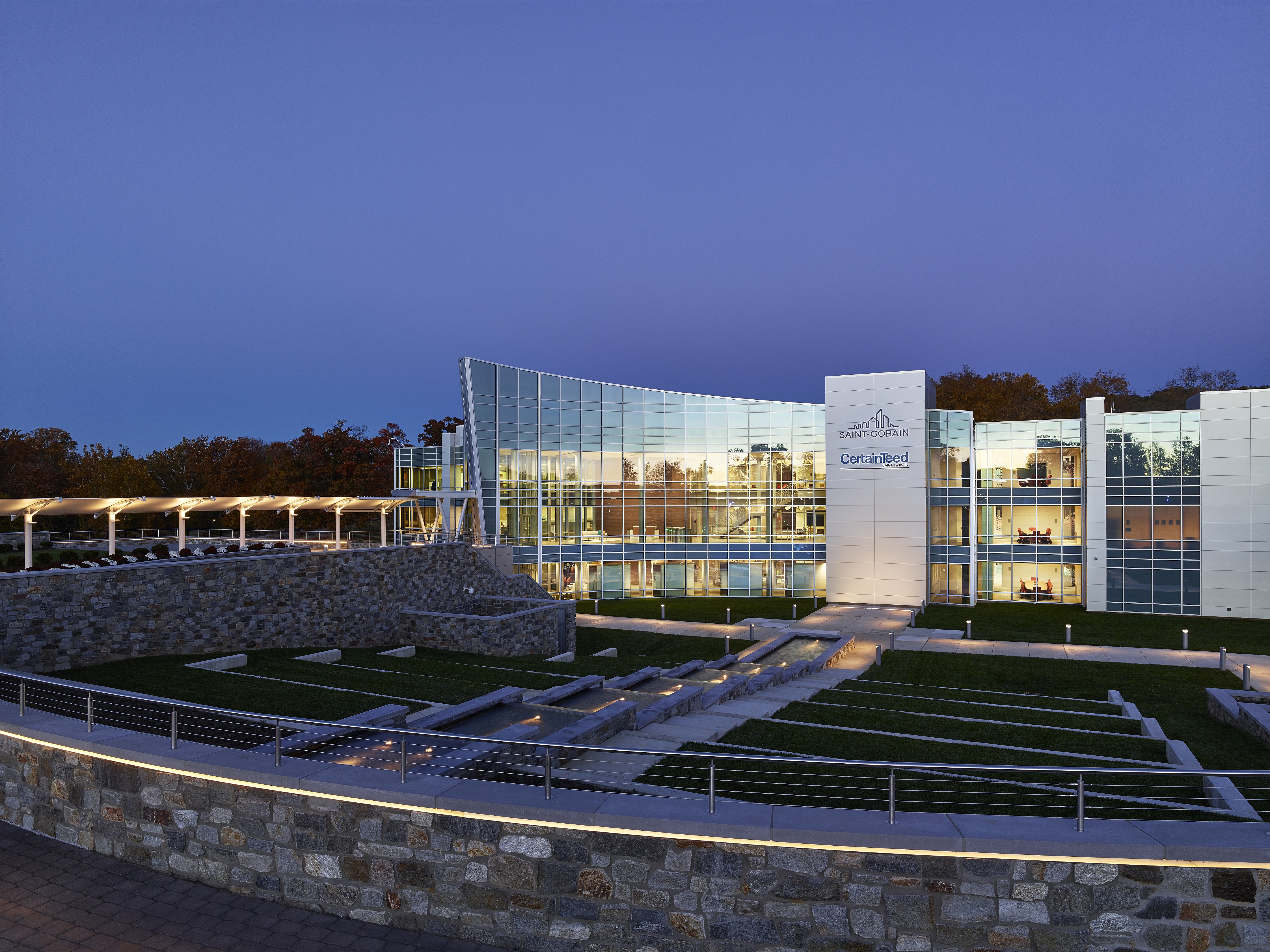 Corporate office building with Saint-Gobain and CertainTeed logos in the center